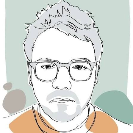 Ritratto illustrato di Luca Salici: tratto a linea continua, occhiali tondi, fondo verde salvia