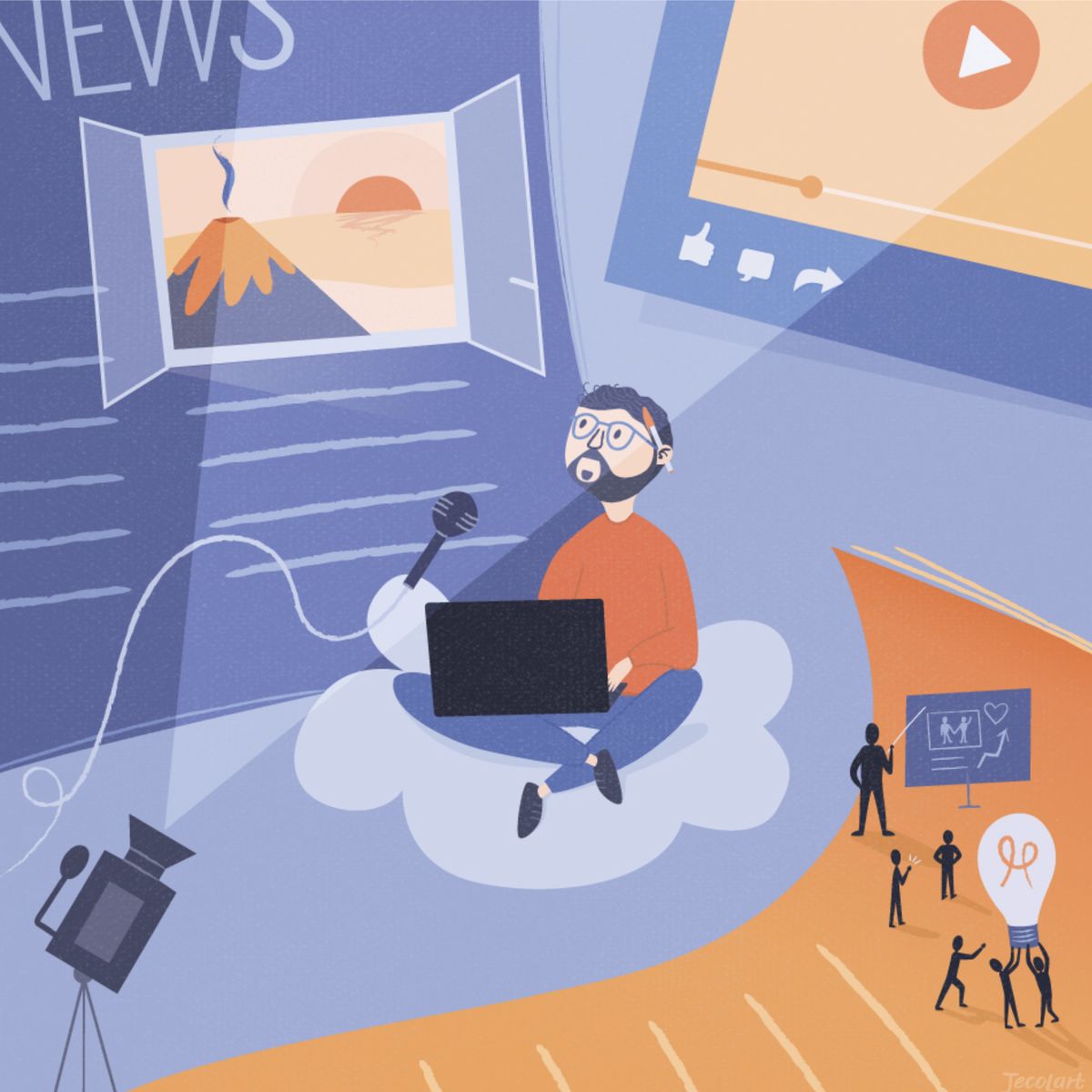Illustrazione: Luca seduto su una nuvola con laptop e microfono, intorno una pagina di giornale, l'Etna da una finestra, un video, una telecamera e un gruppo di persone con una lampadina